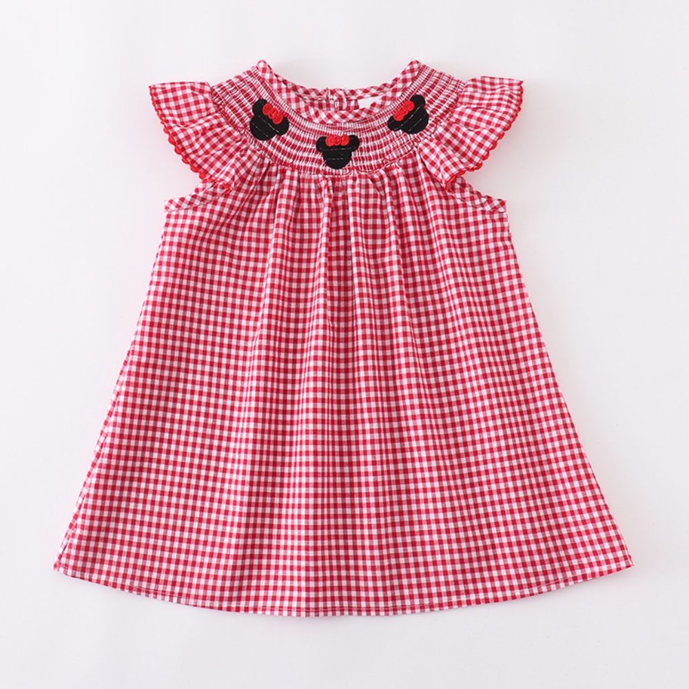 Red Gingham Smocked Flutter-Sleeve Kids Dress